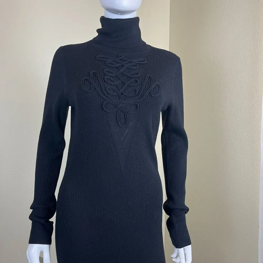 DVF Women Size L Black Wool Jersey Knit Midi Sweater Dress Capsule Minimalist